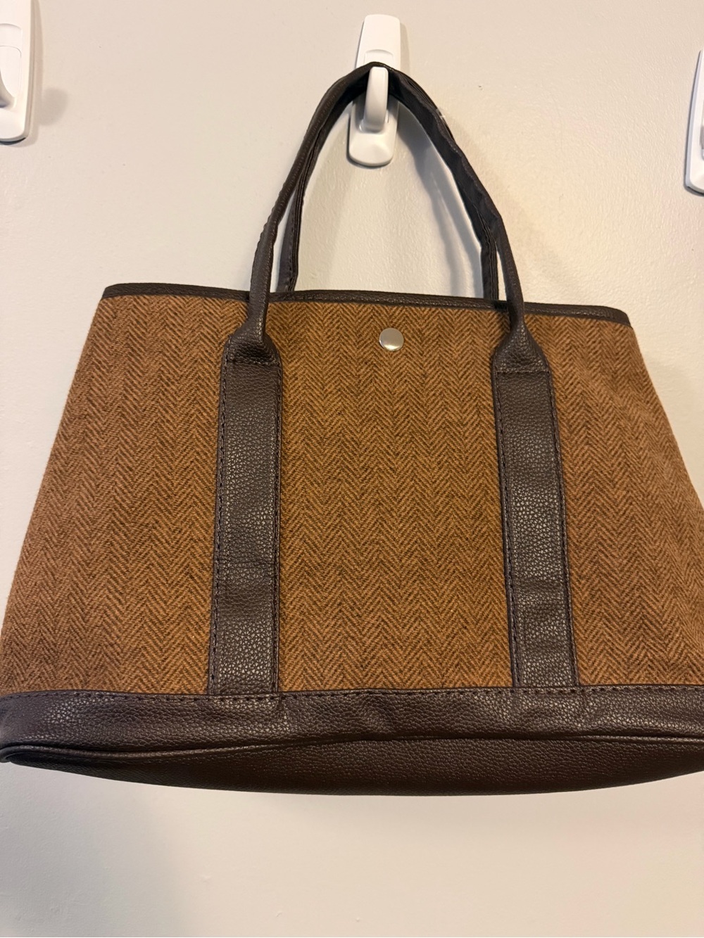 Classic Brown Herringbone Tote Bag with Dark Brown Trim